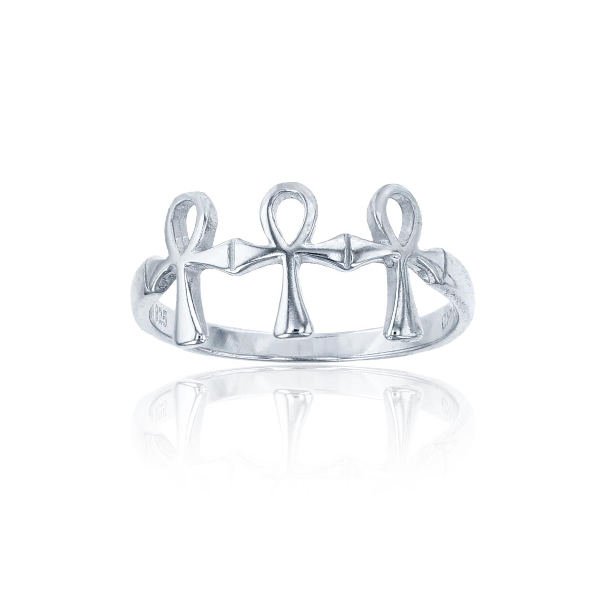 Sterling Silver Rhodium High Polished Frontal Triple Cross Ring