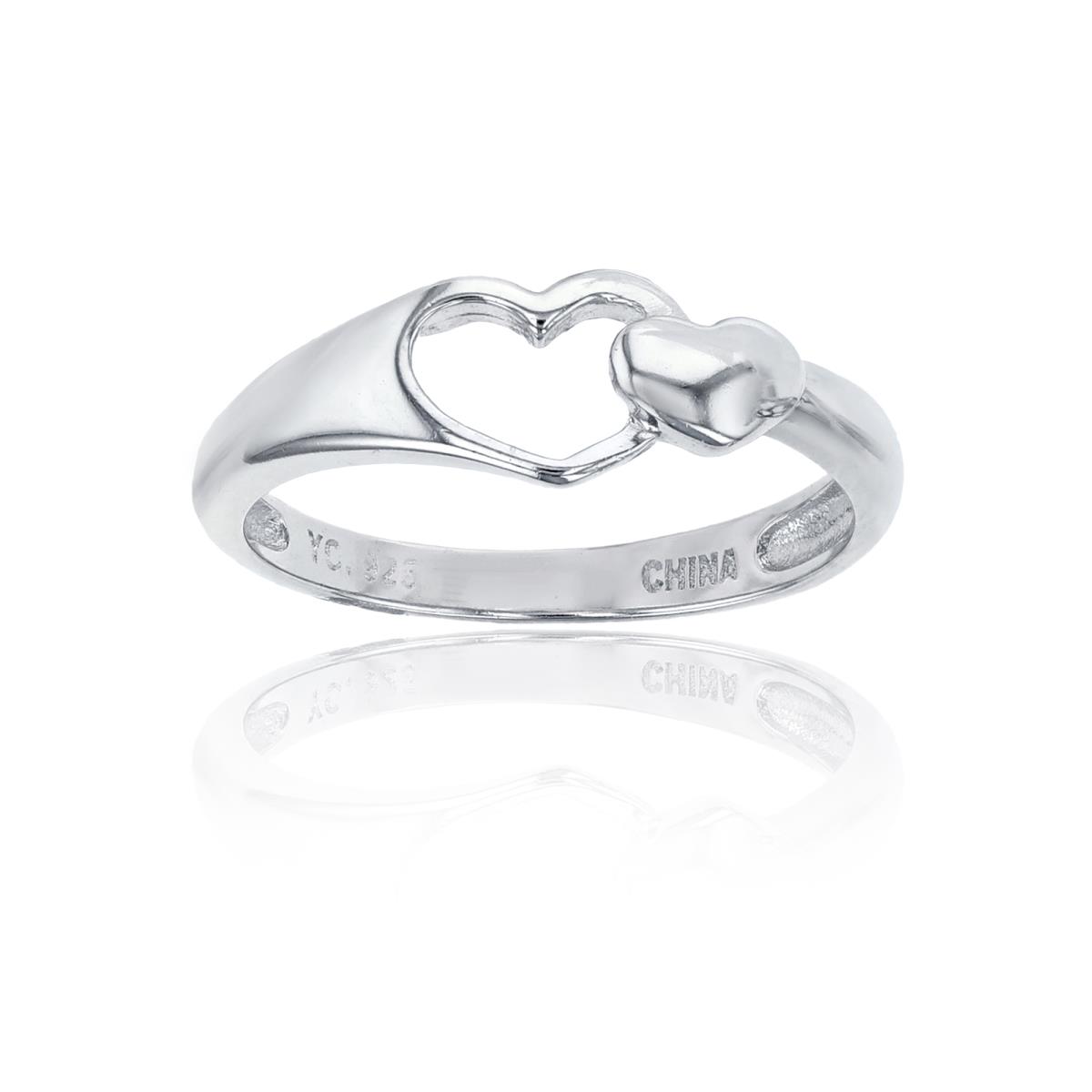 Sterling Silver Rhodium 6mm  High Polished Small Heart Big Open Heart Ring