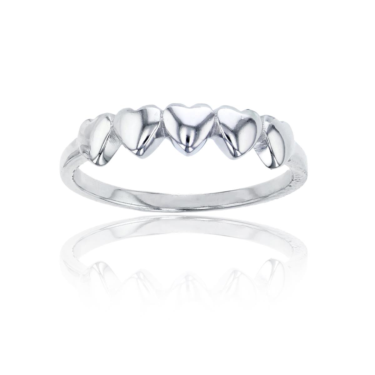 Sterling Silver Rhodium High Polished 4mm  Row of Hearts Ring