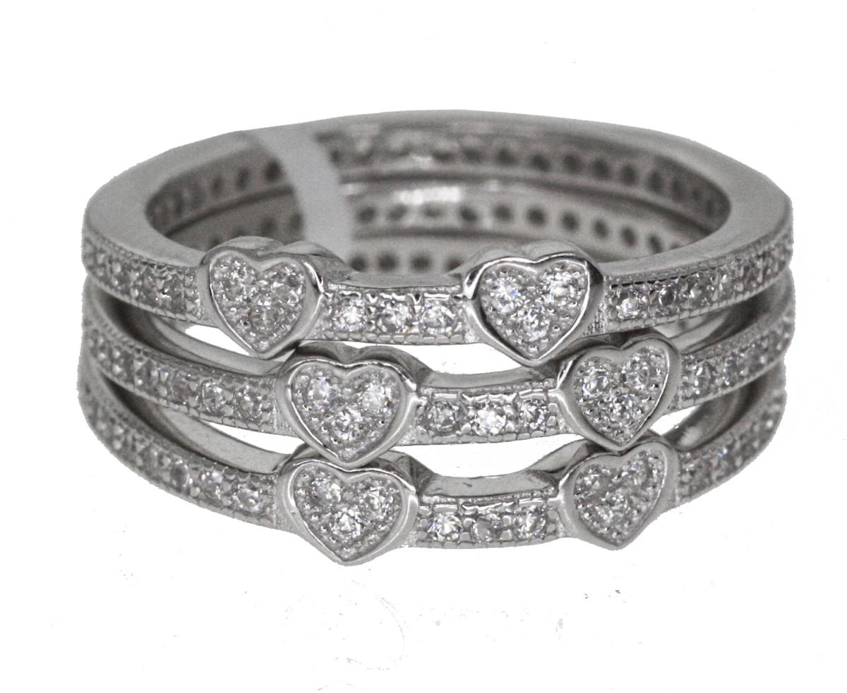 Sterling Silver Rhodium Heart Stack Ring