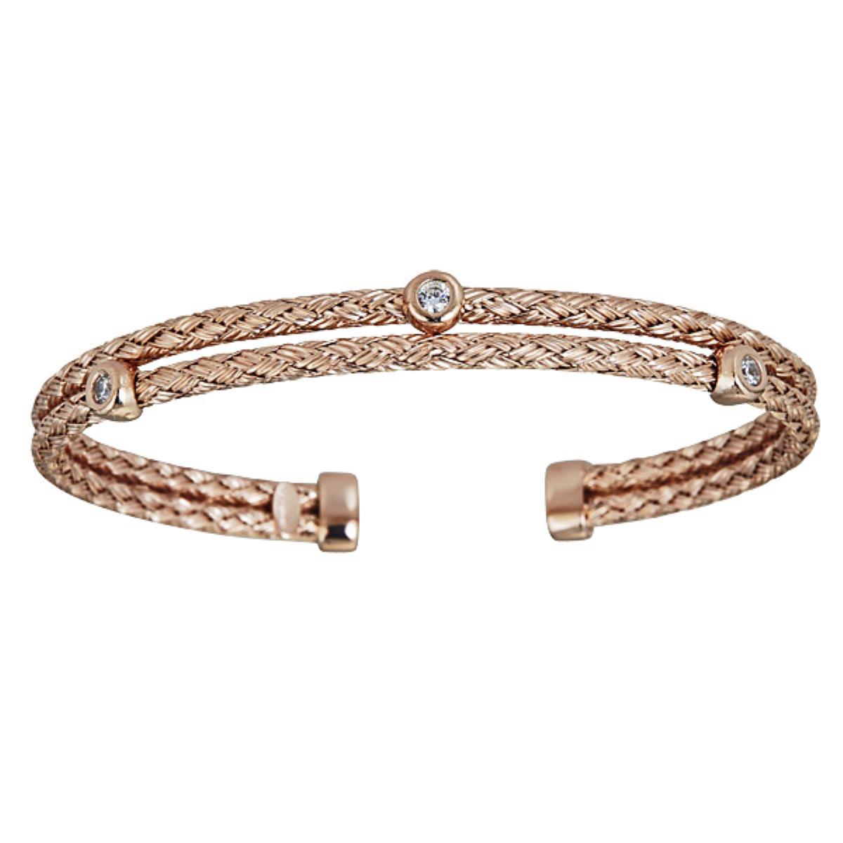 Sterling Silver Rose Basketweave Bezel Station Bangle