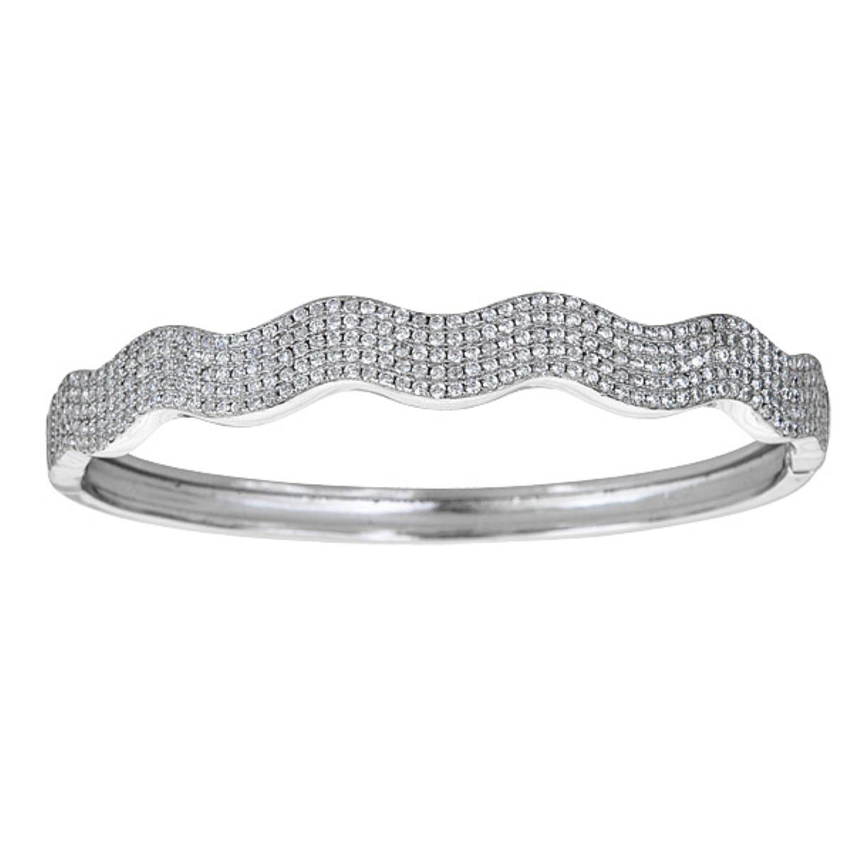 Sterling Silver Wavy Pave Hinged Bangle