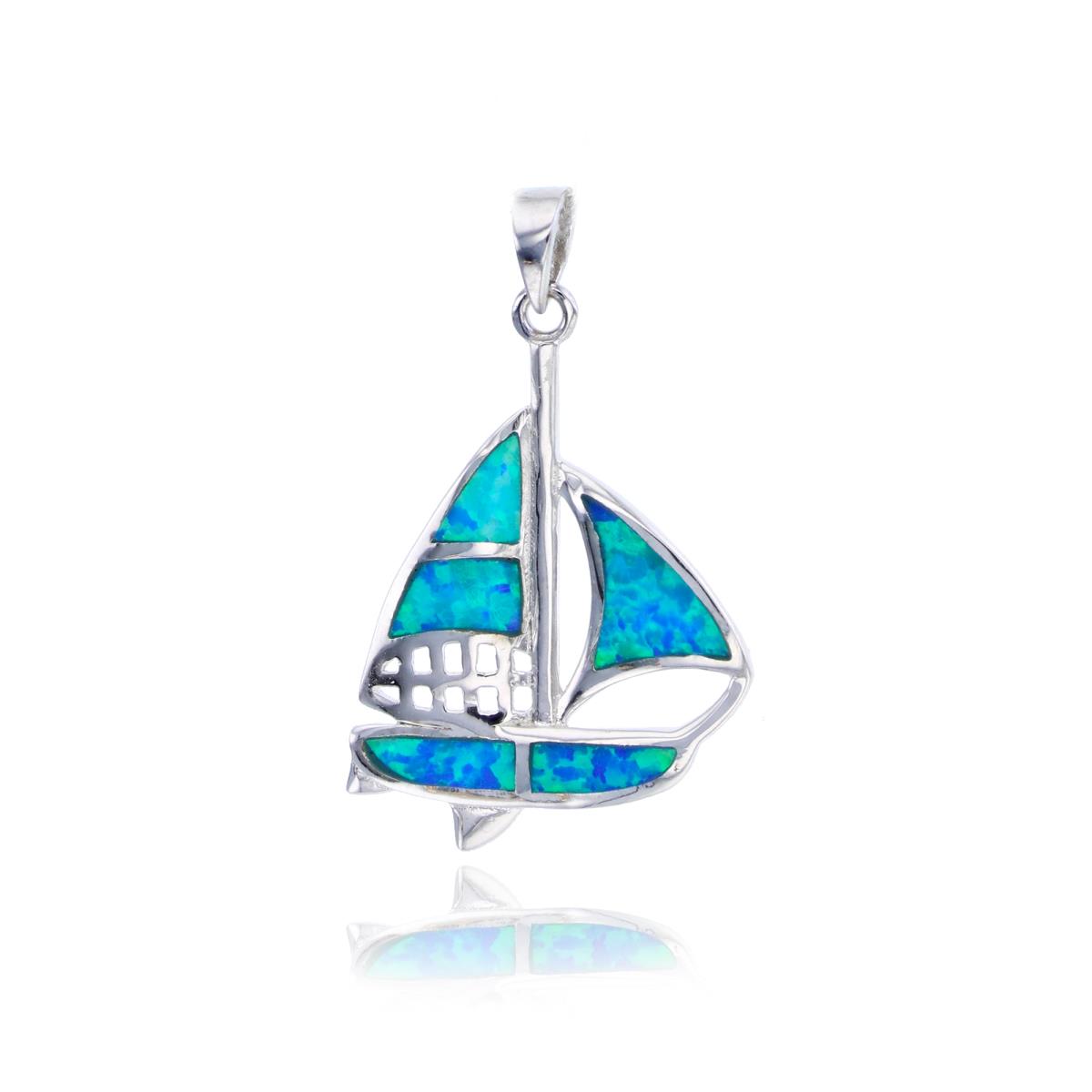 Sterling Silver Created Opal Ship Pendant