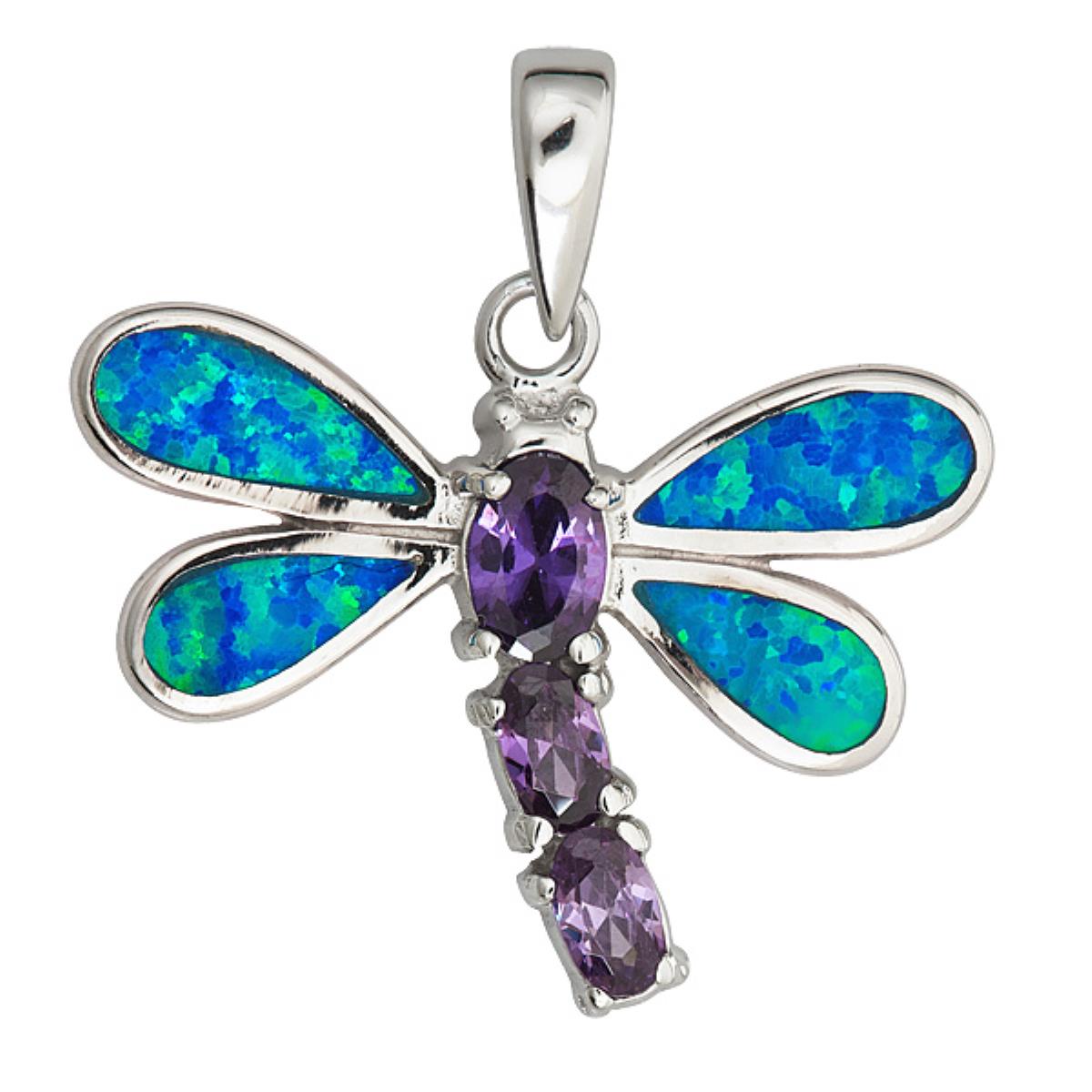 Sterling Silver Created Opal Dragonfly Pendant