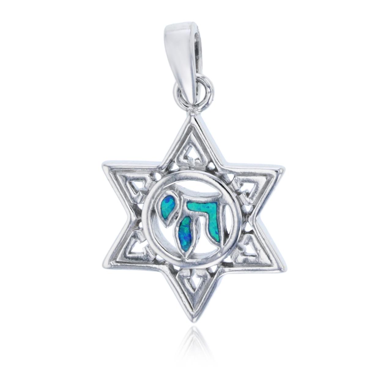 Sterling Silver Created Opal Star of David Chai Pendant