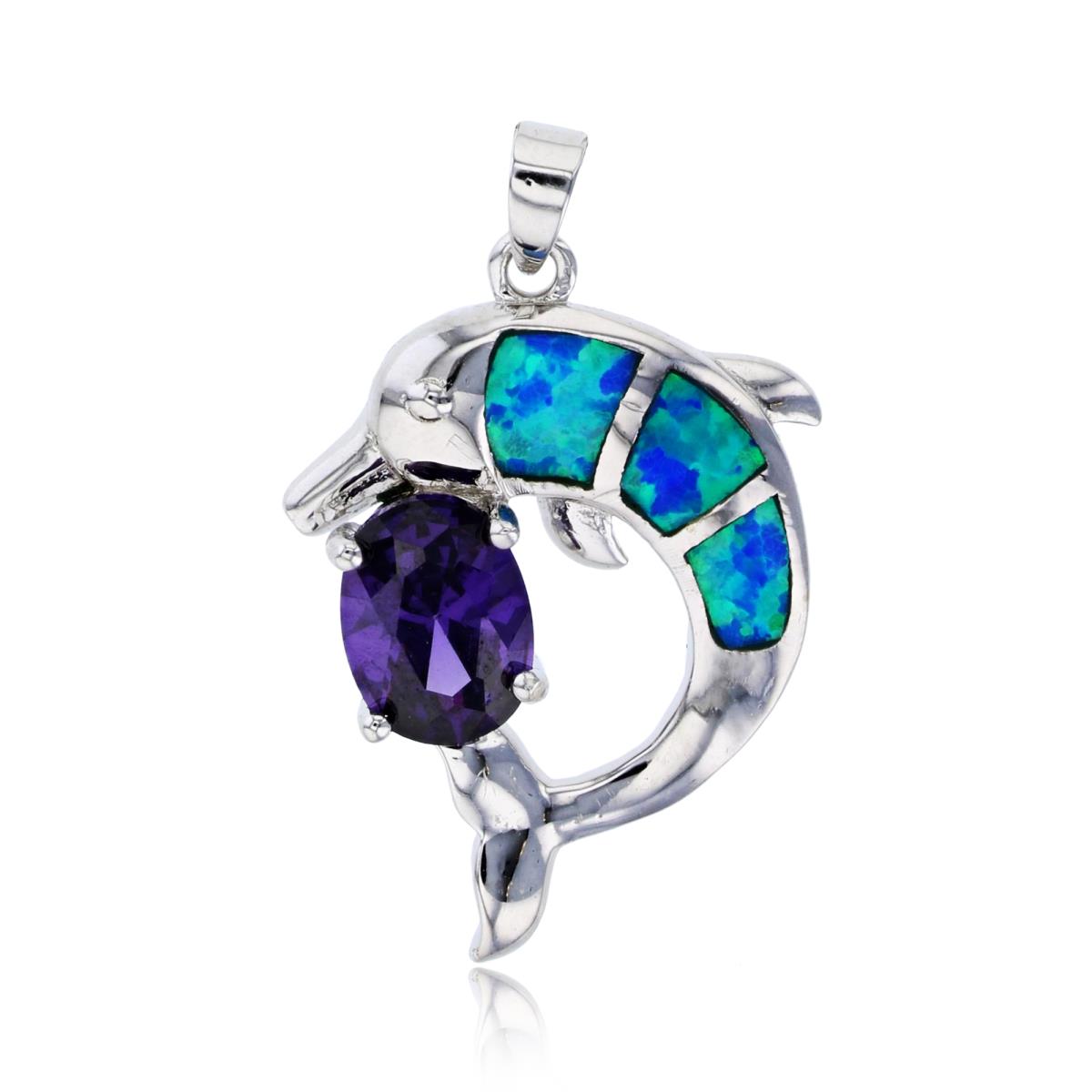 Sterling Silver Created Opal Dolphin Pendant