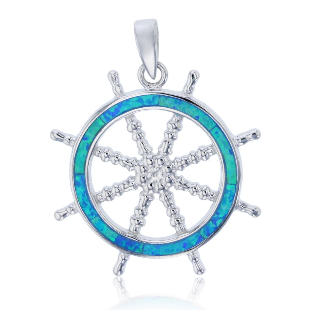 Sterling Silver Created Opal Ship Wheel Pendant