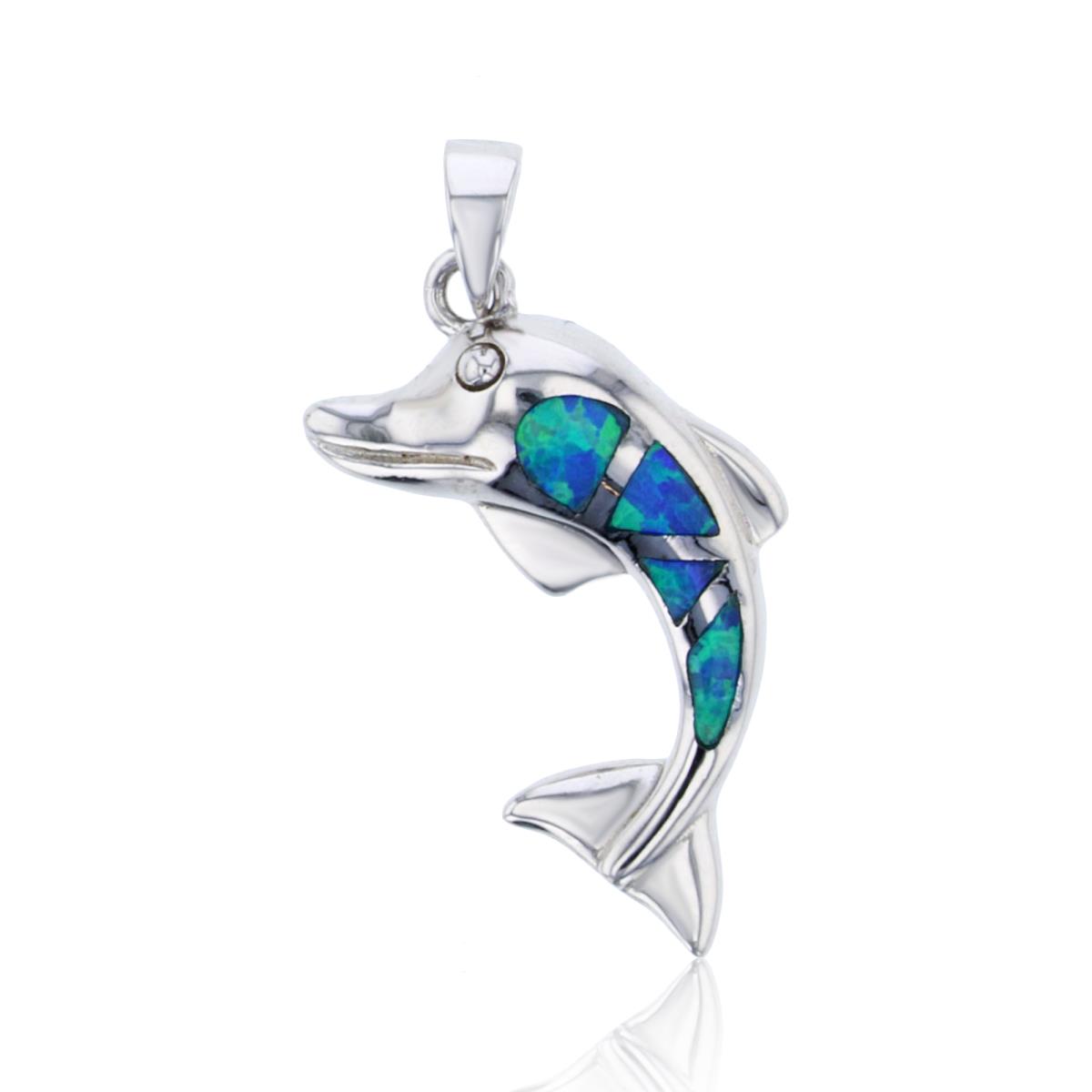 Sterling Silver Created Opal Dolphin Pendant