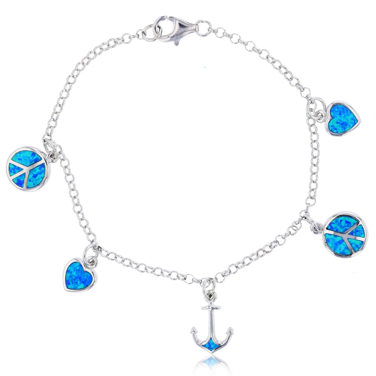 Sterling Silver Created Opal Nautical Charm 15x7.5mm Bracelet
