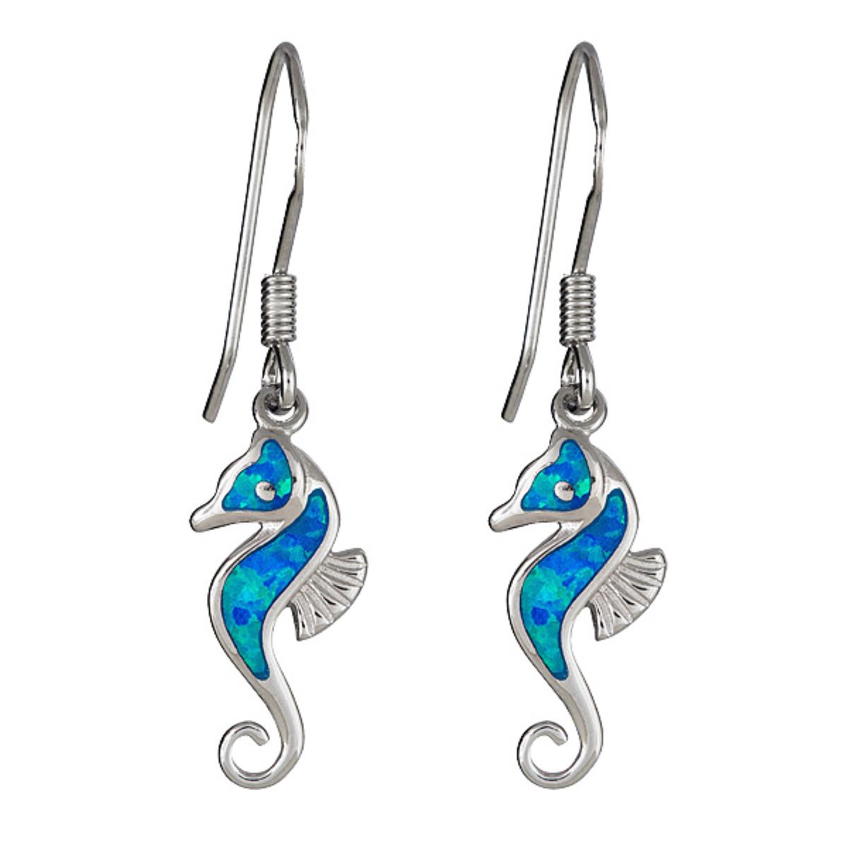 Sterling Silver Created Opal Dangling Sea Horse 33x8.5mm Earrings