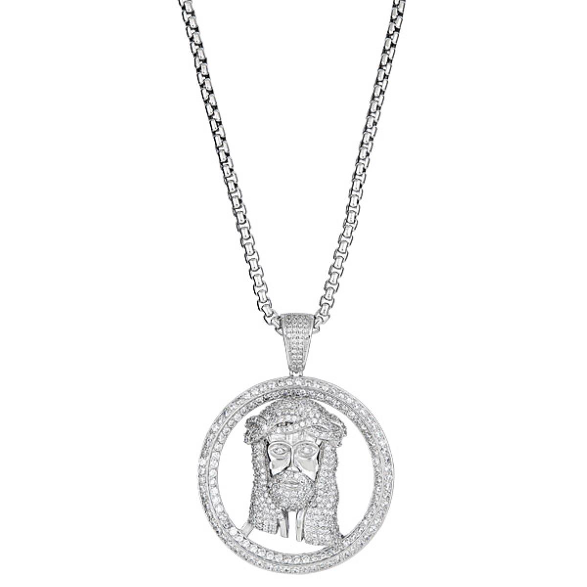 Sterling Silver 60x46mm Jesus Head Pendant with Round Border