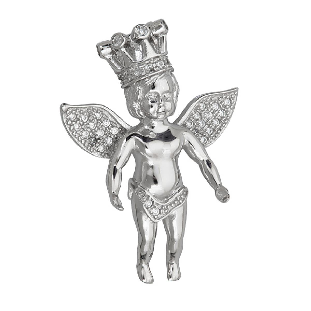 Sterling Silver Rhodium Pave Angel Pendant