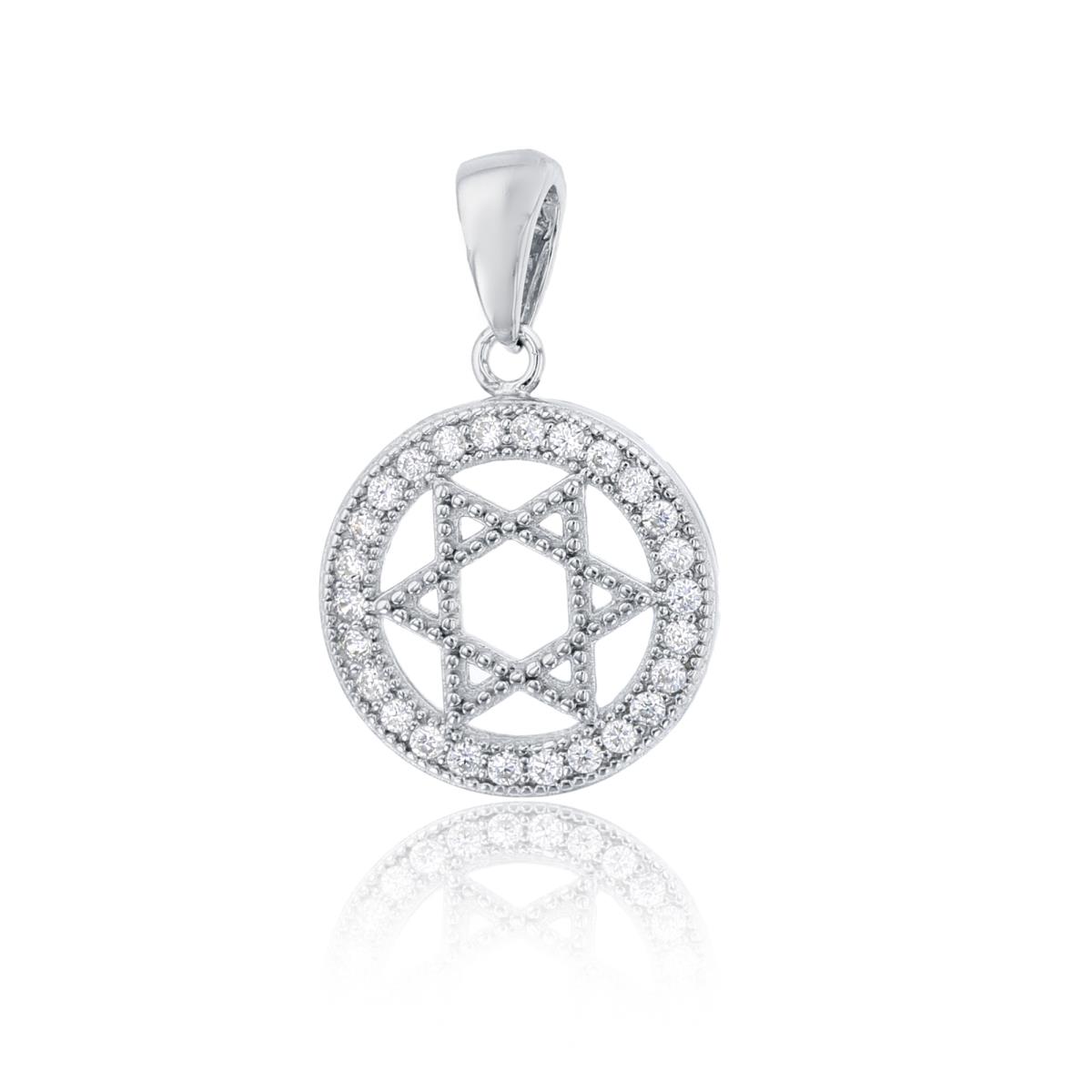 Sterling Silver Rhodium Star of David Pendant with Round Border