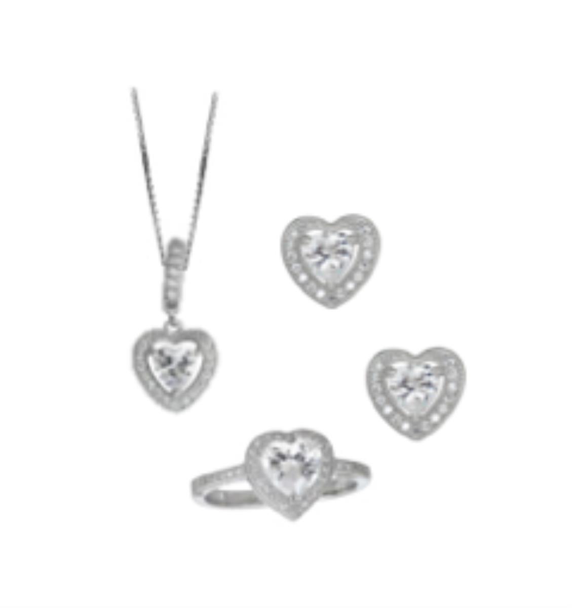 Sterling Silver Heart Necklace Stud Ring Set