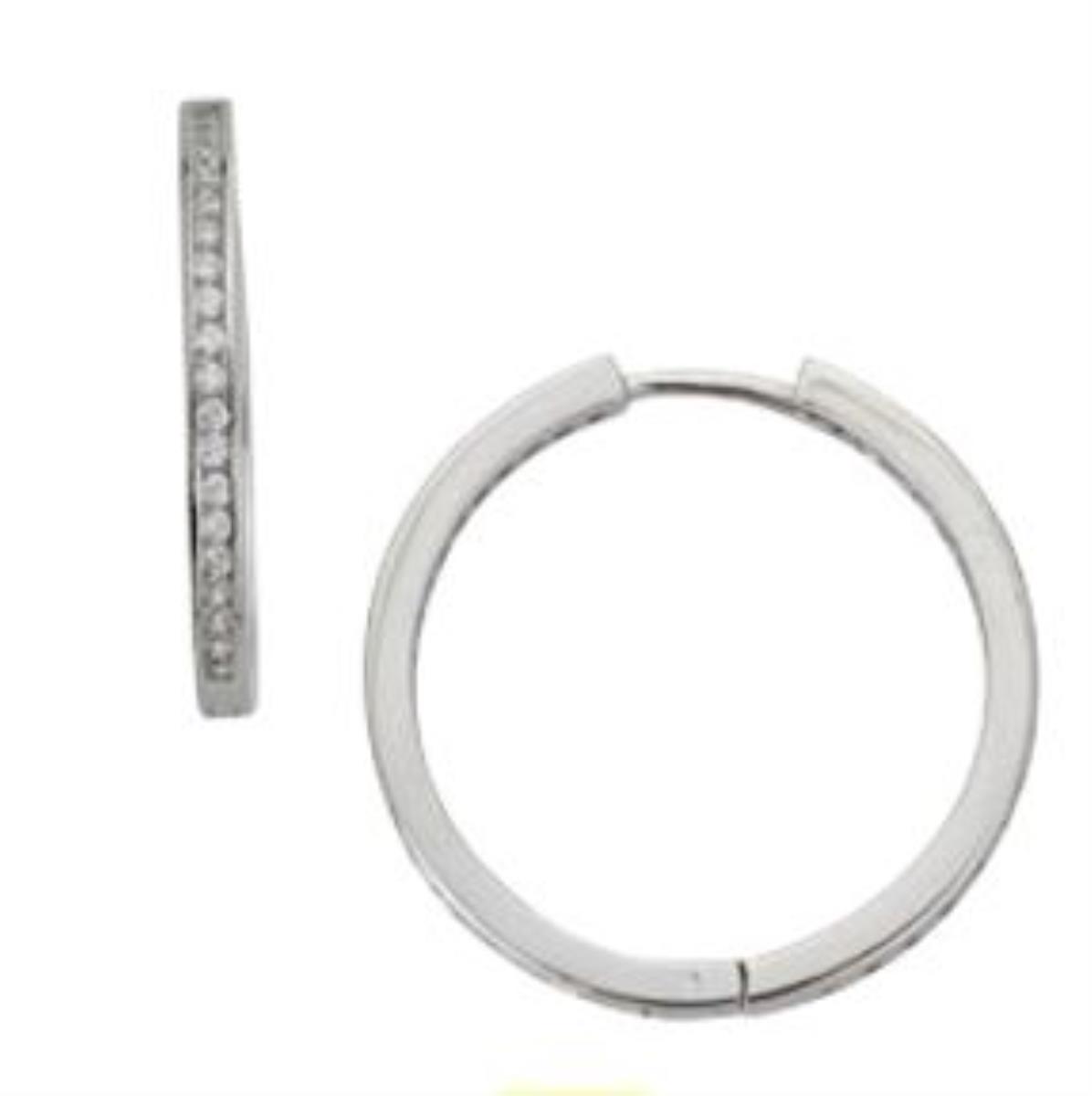 Sterling Silver 3x25MM Round In & Out Pave Hoop Earrings