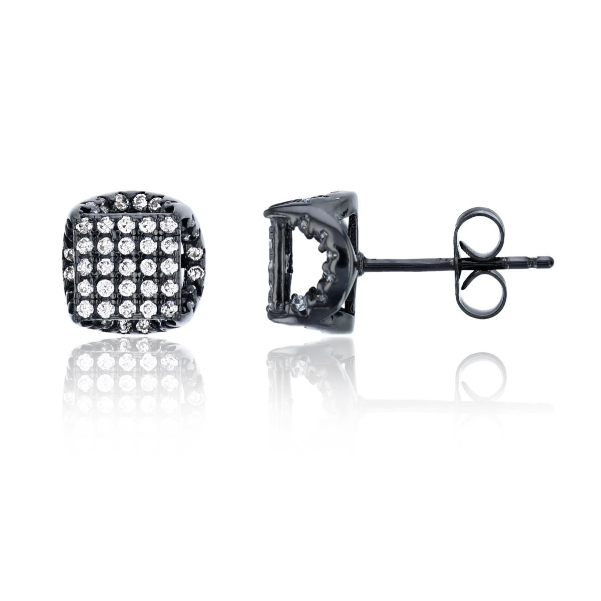 Sterling Silver Black 9mm Micropave 3D Square Stud Earring
