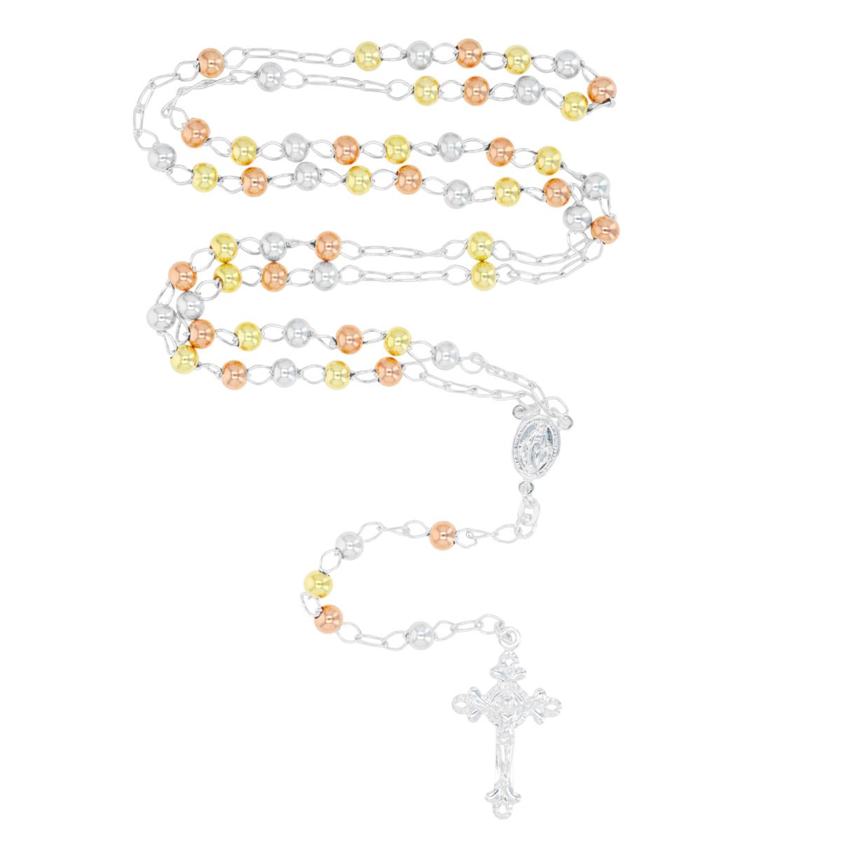 Sterling Silver Diamond Cut Tricolor 3MM 18" Rosary Necklace