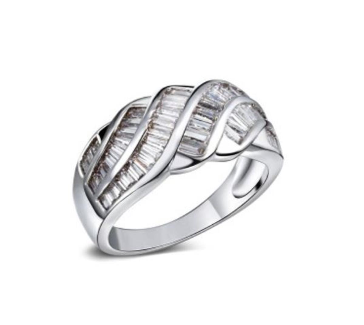 Sterling Silver Rhodium Baguette Cut Wave Fashion Ring