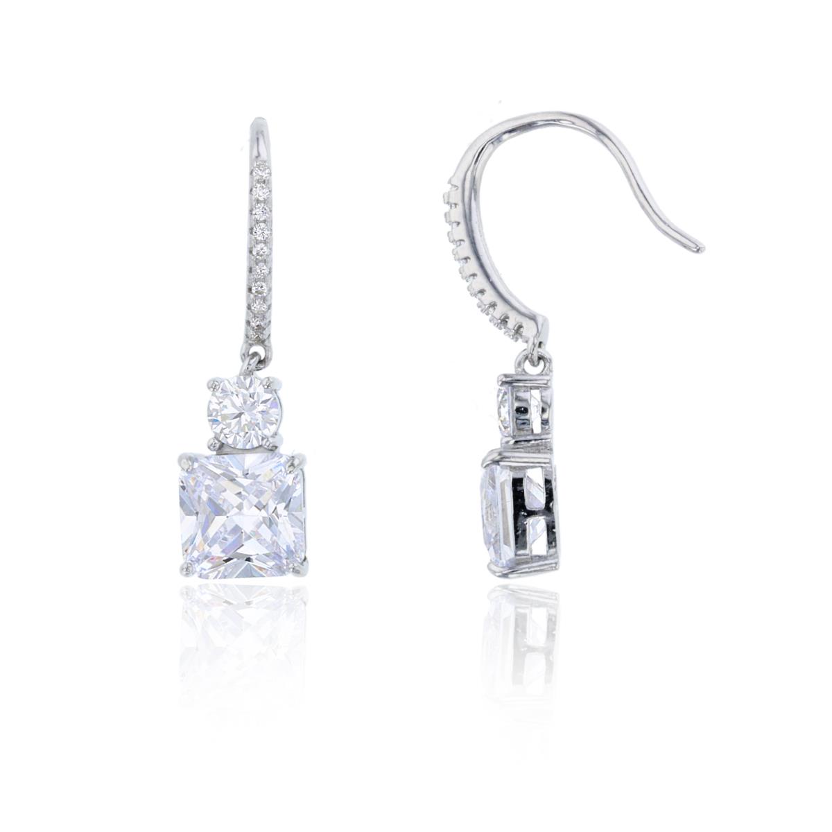 Sterling Silver Rhodium 8mm Princess and Round Cut Dangling Earring