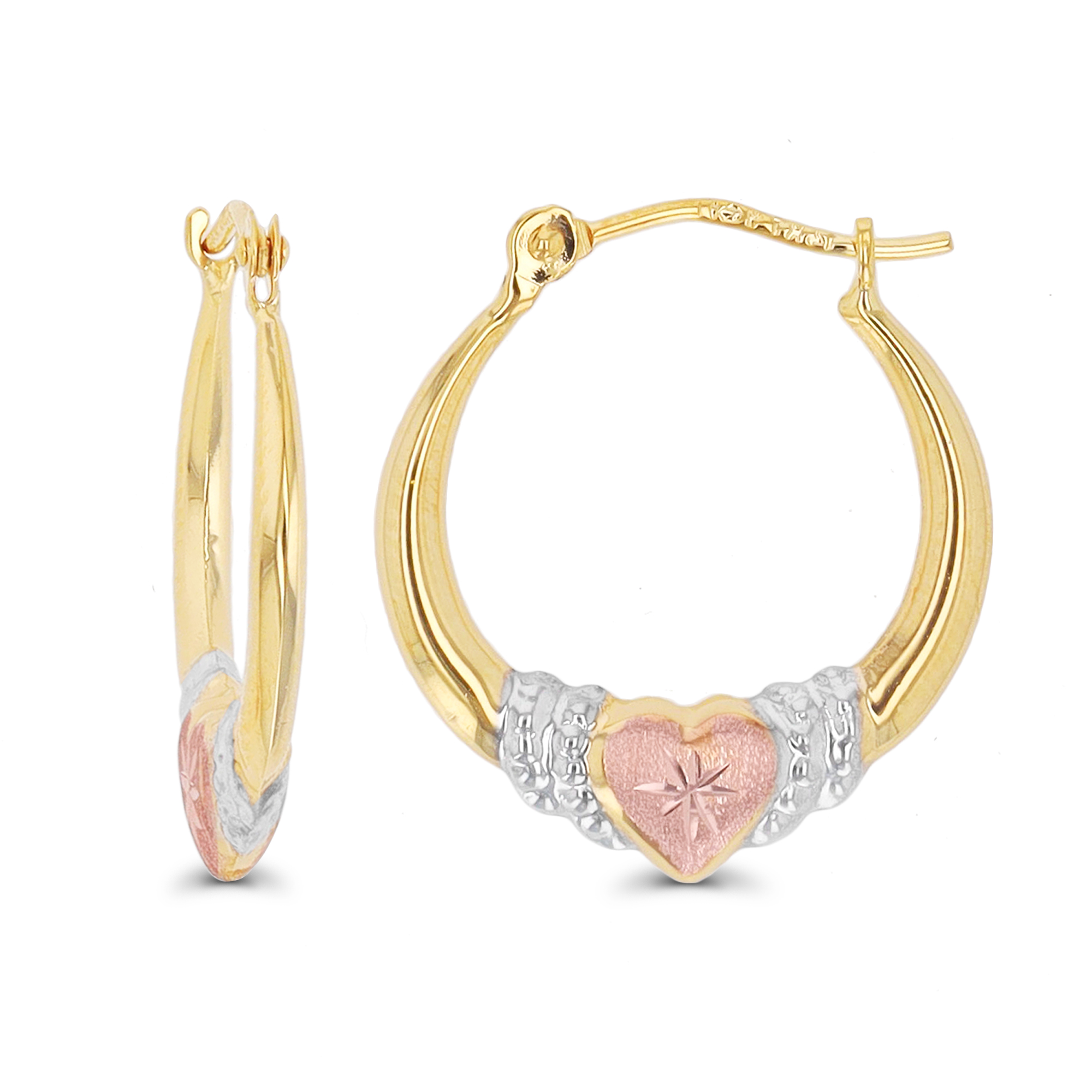 14K Gold Tricolor DC Grad Heart Hoop Earrings