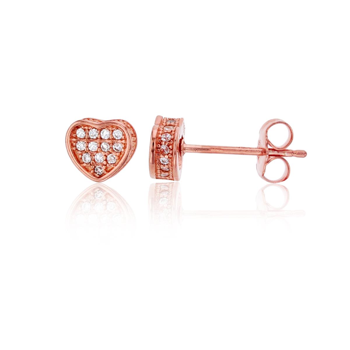 Sterling Silver Rose Micropave 3D Heart Stud