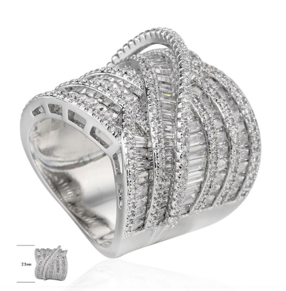 Sterling Silver Rhodium Micropave 23.00mm Crossover Fashion Ring