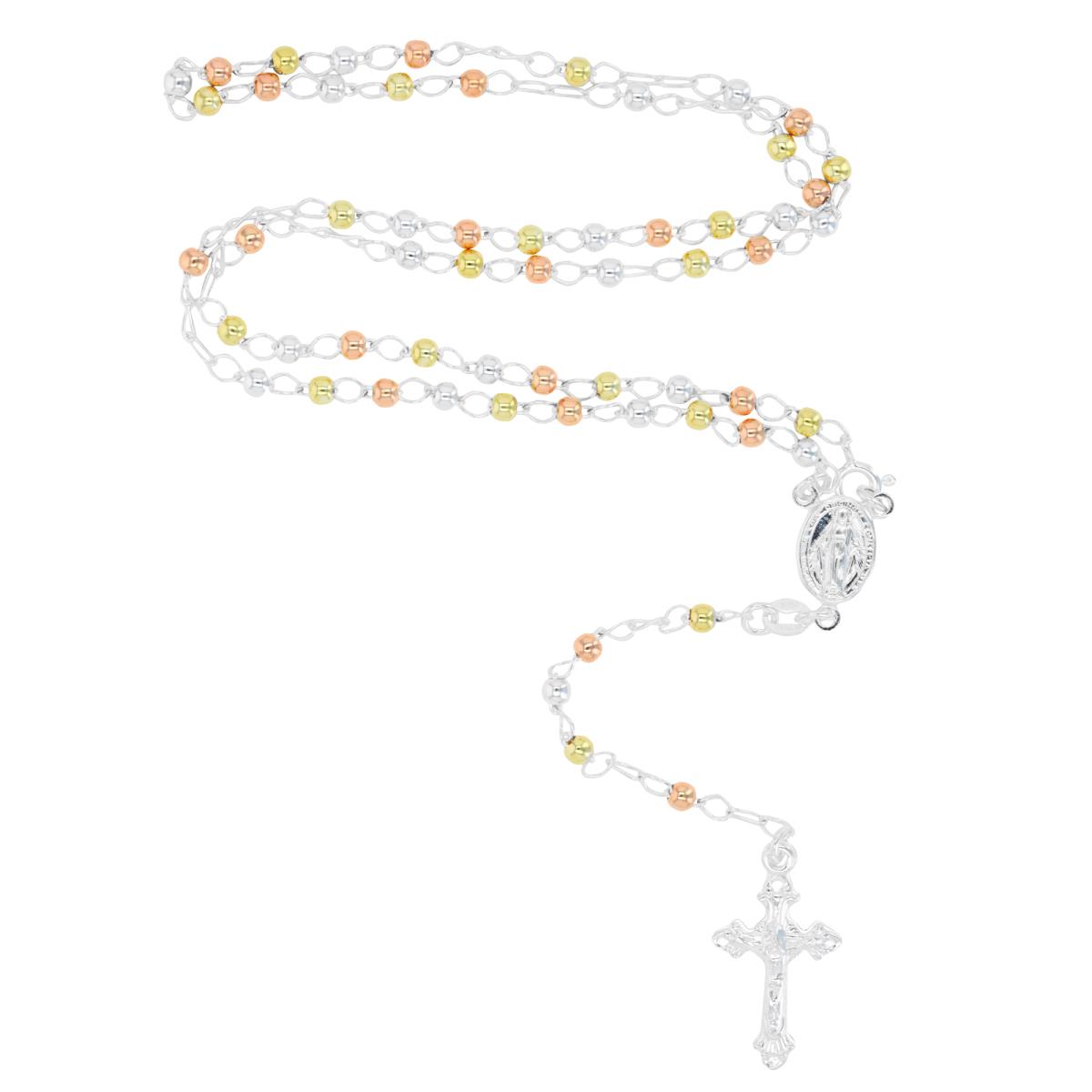 Sterling Silver Tricolor 4MM 18" Rosary Necklace