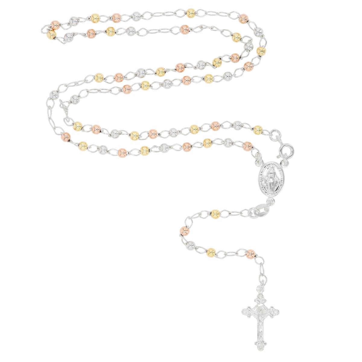 Sterling Silver Tricolor 4MM 24" Rosary Necklace