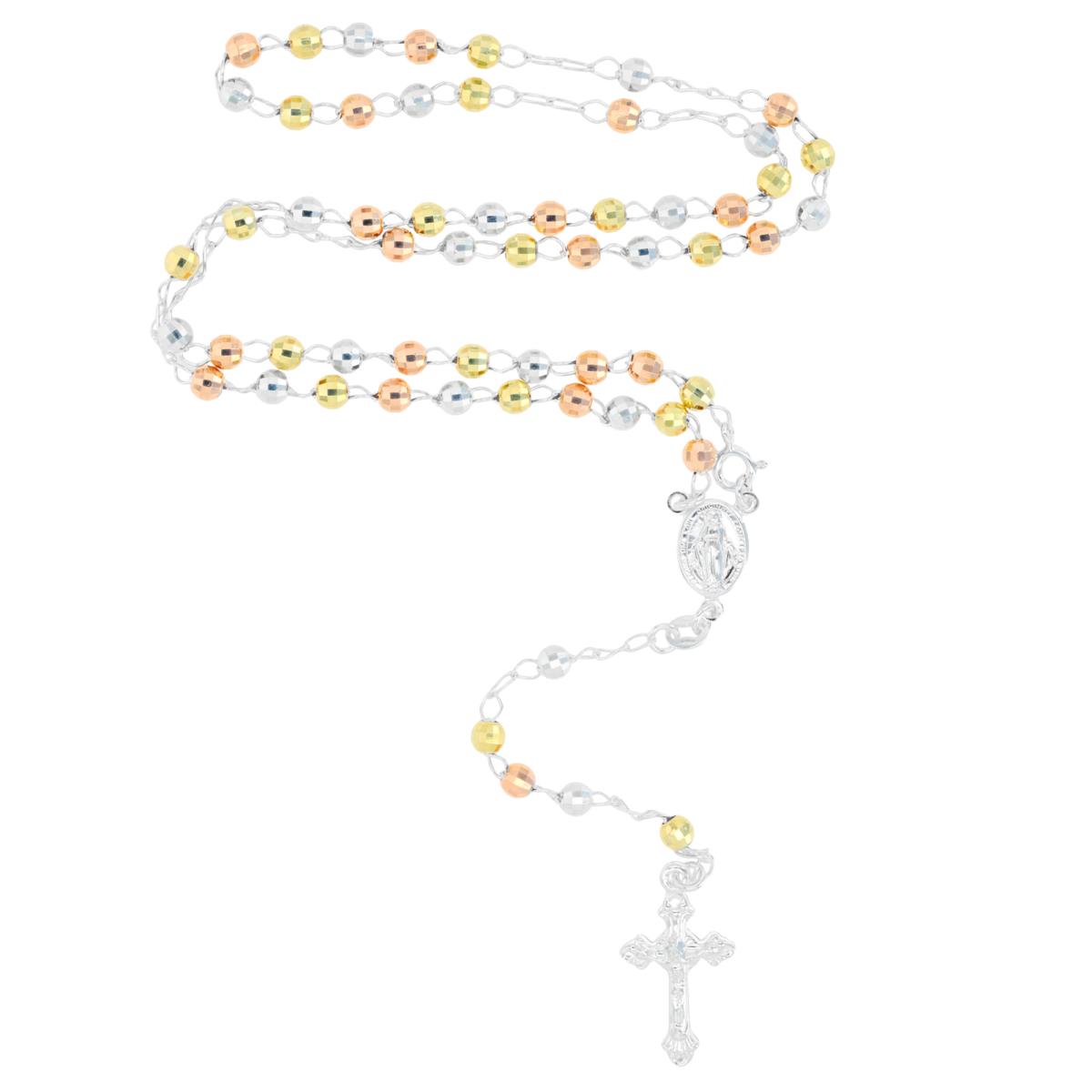 Sterling Silver Diamond Cut Tricolor 4MM 18" Rosary Necklace
