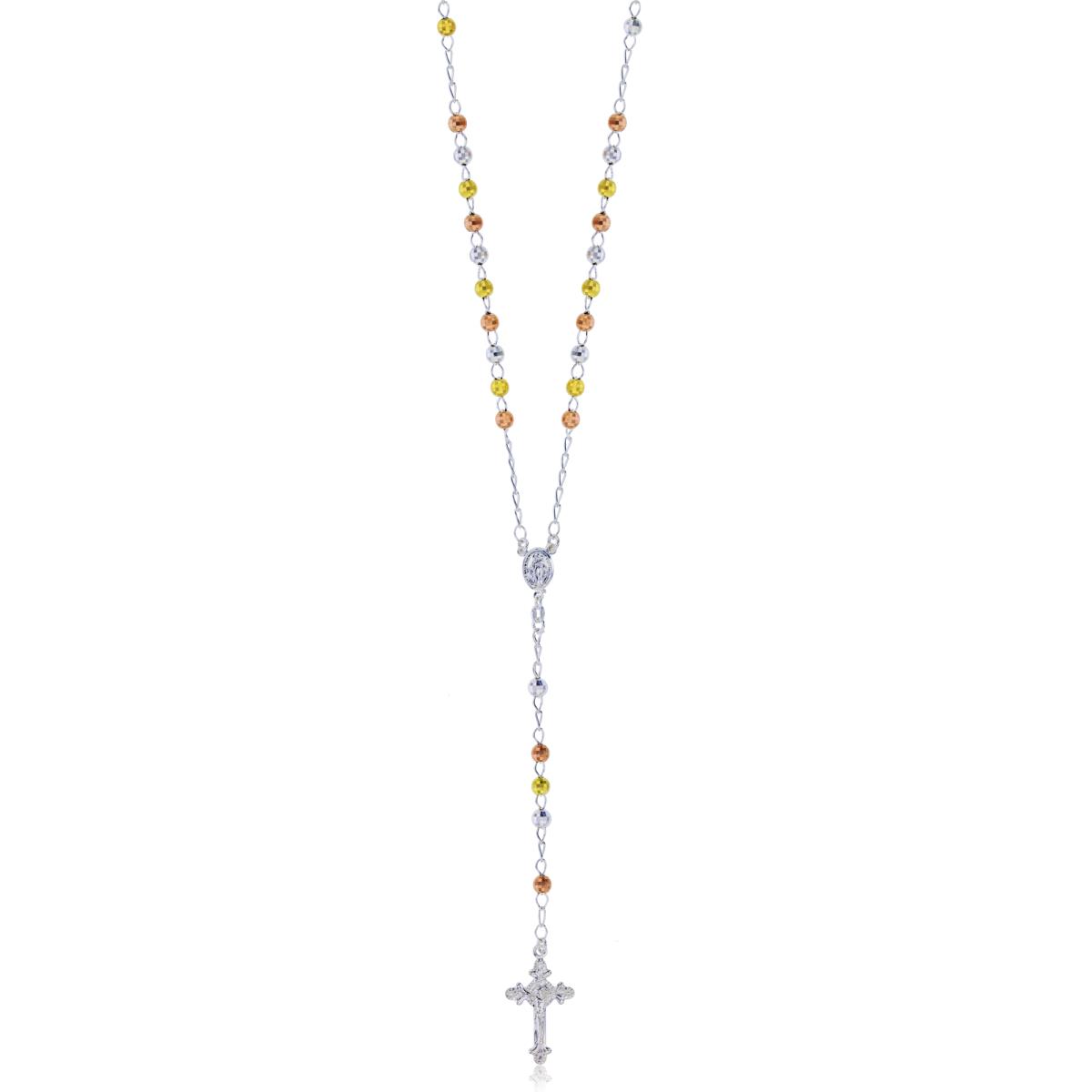 Sterling Silver Diamond Cut Tricolor 5MM 26" Rosary Necklace