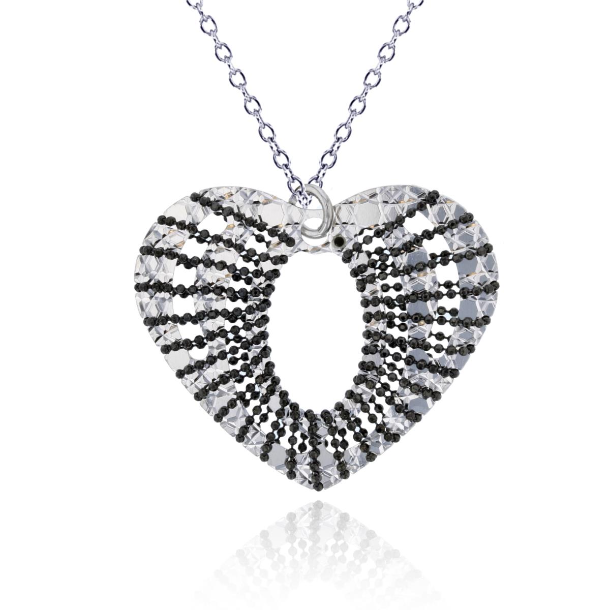 Sterling Silver Black & White Diamond Cut Heart Necklace