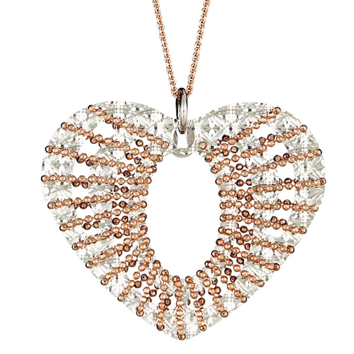 Sterling Silver Rose & White Diamond Cut Heart Necklace
