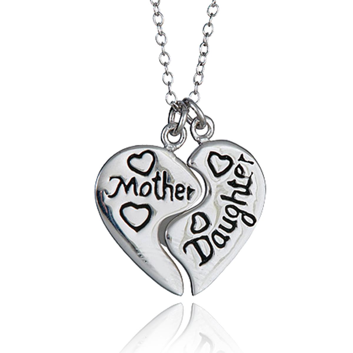 Sterling Silver Rhodium Mother Daughter Heart Necklace