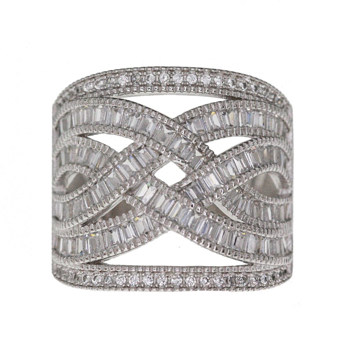 Sterling Silver Rhodium Baguette Cut Crossover Fashion Ring