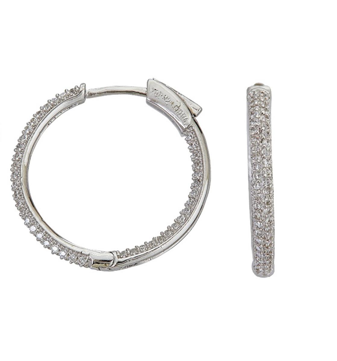 Sterling Silver 30MM Pave Hoop Earring w Safety Lock