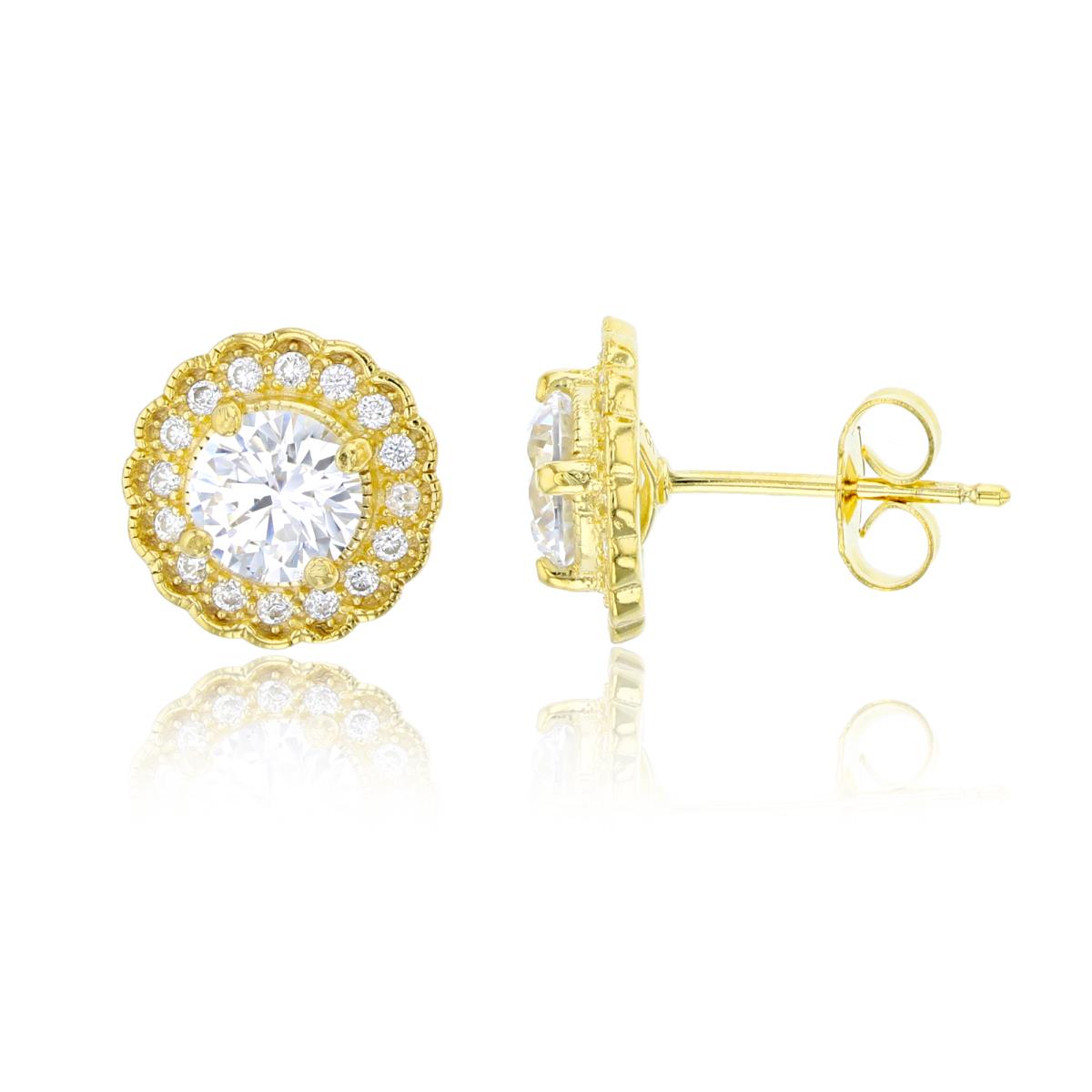 Sterling Silver Yellow 11mm Round Pave Stud Earring