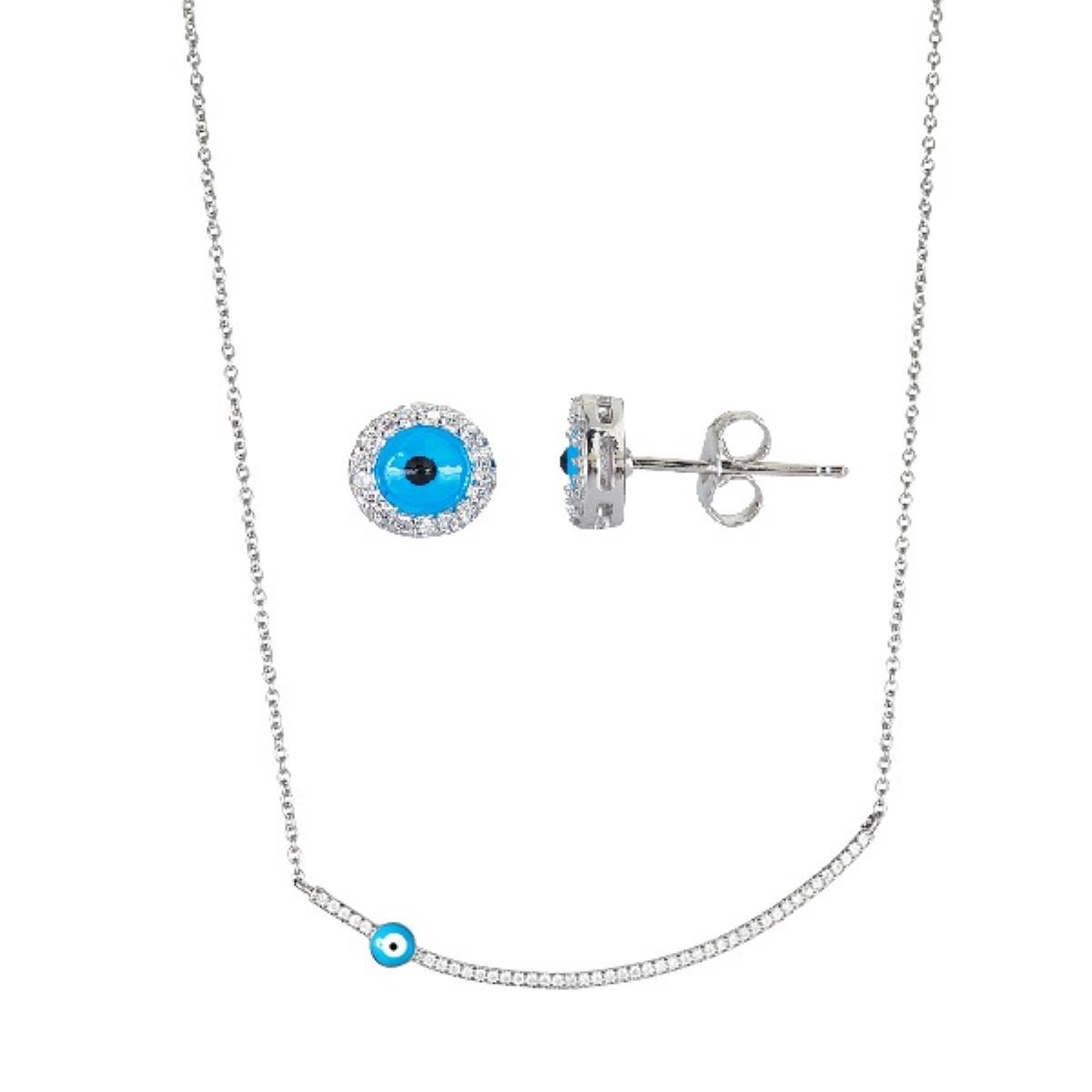 Sterling Silver Curved Evil Eye Bar Necklace & Earring Set