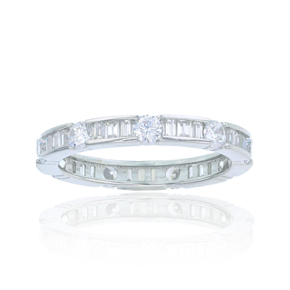 Sterling Silver Rhodium Baguette & Round Eternity Band