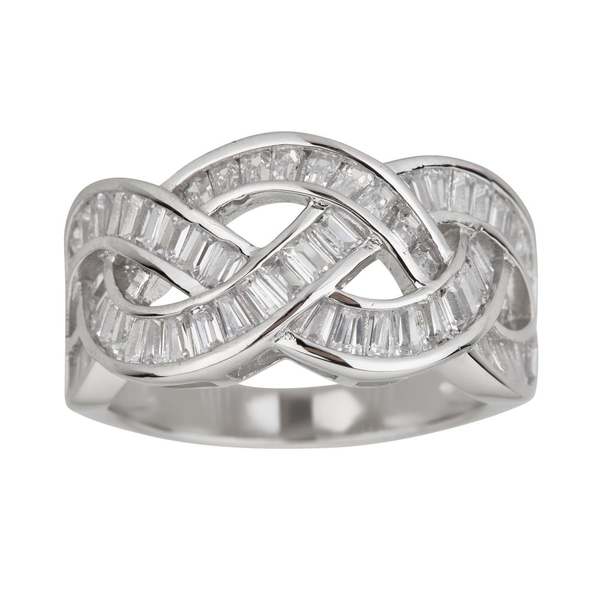 Sterling Silver Rhodium Baguette Cut Weave Fashion Ring