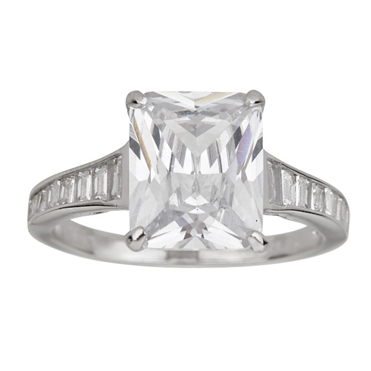 Sterling Silver Rhodium Emerald Cut Engagement Ring