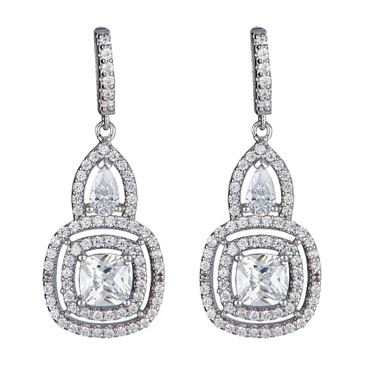 Sterling Silver 6MM Cushion Cut Multi Stone Dangling Pave Earring
