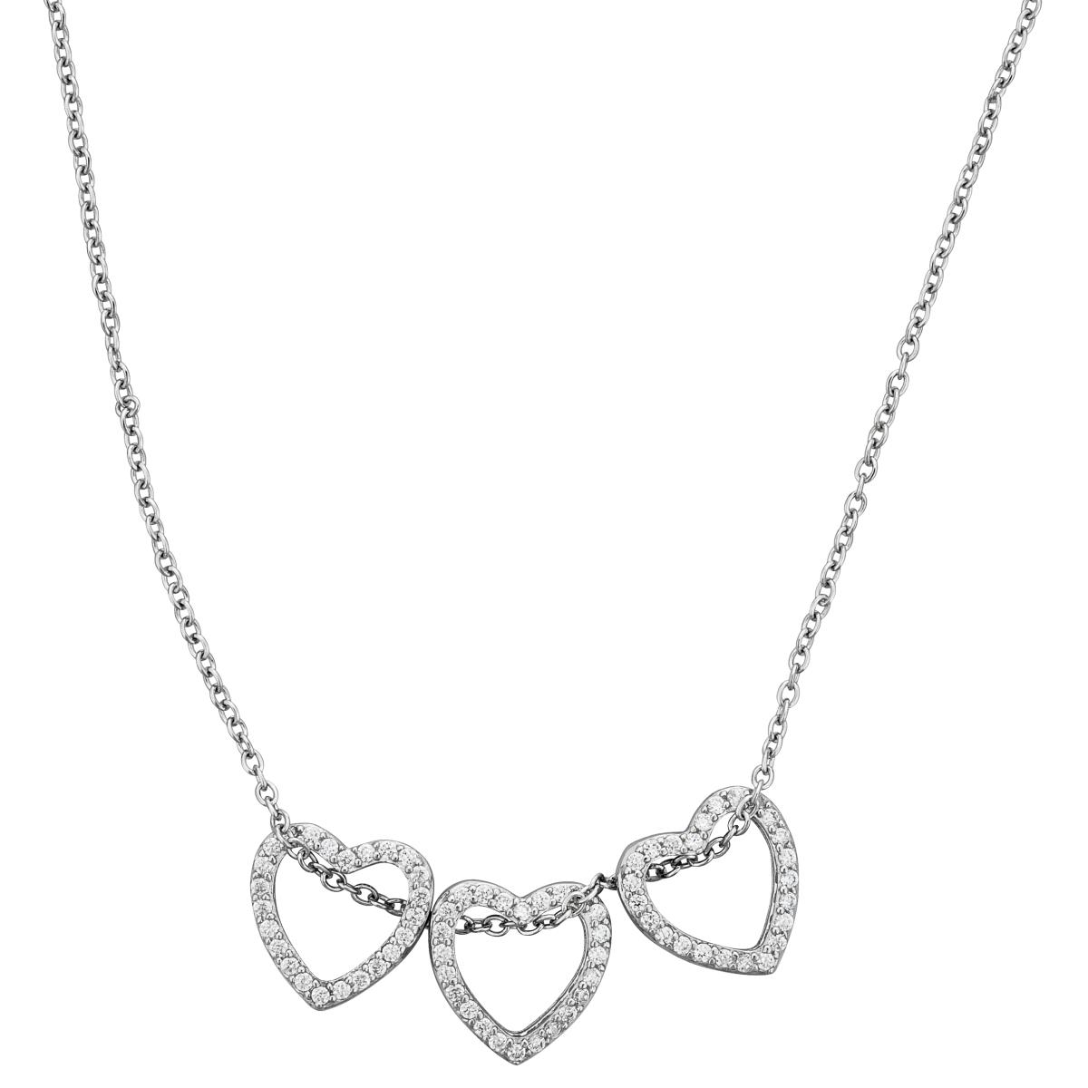 Sterling Silver Rhodium Polished White CZ 3 Heart 18'' Necklace 