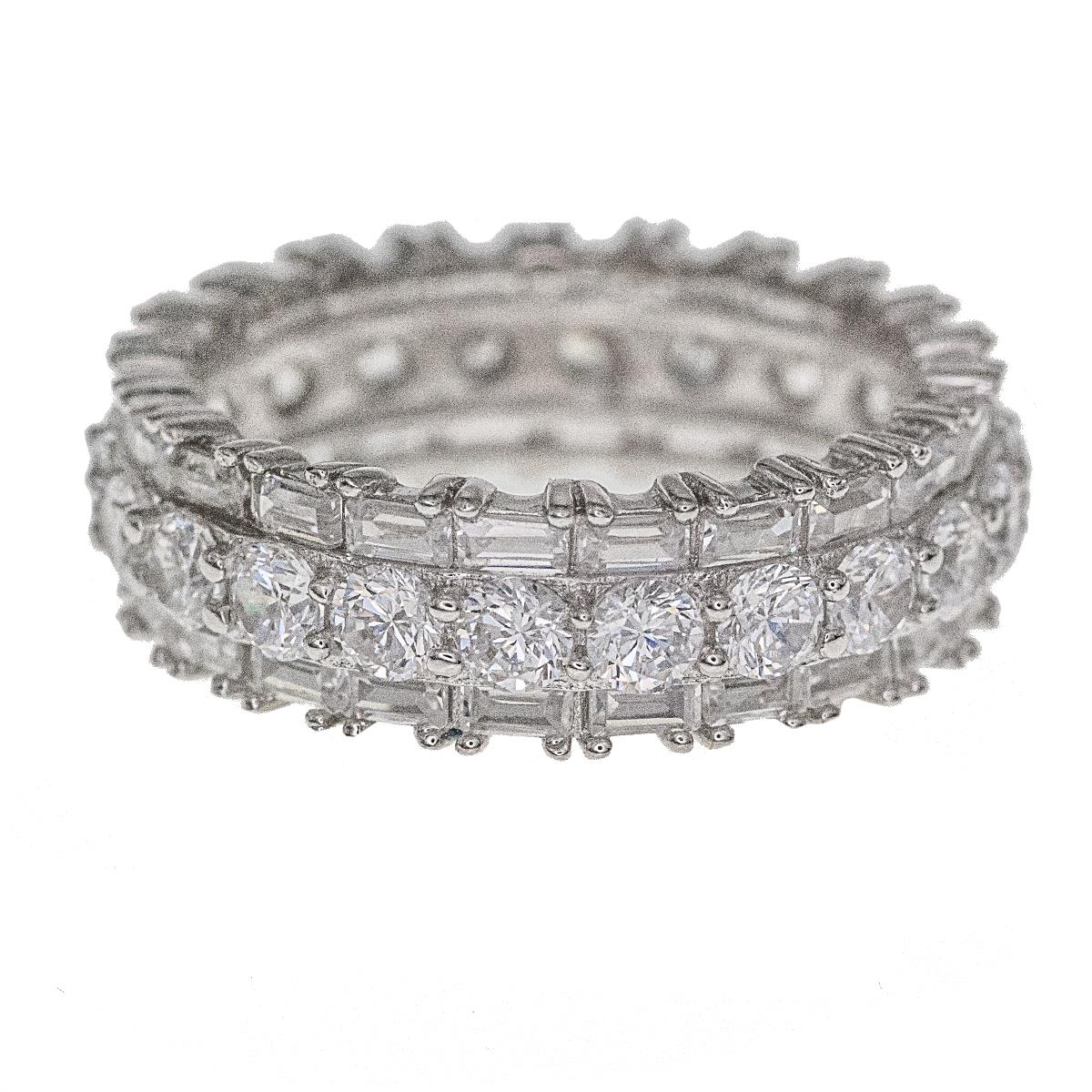 Sterling Silver Rhodium Baguette&Round Cut Eternity Band Ring