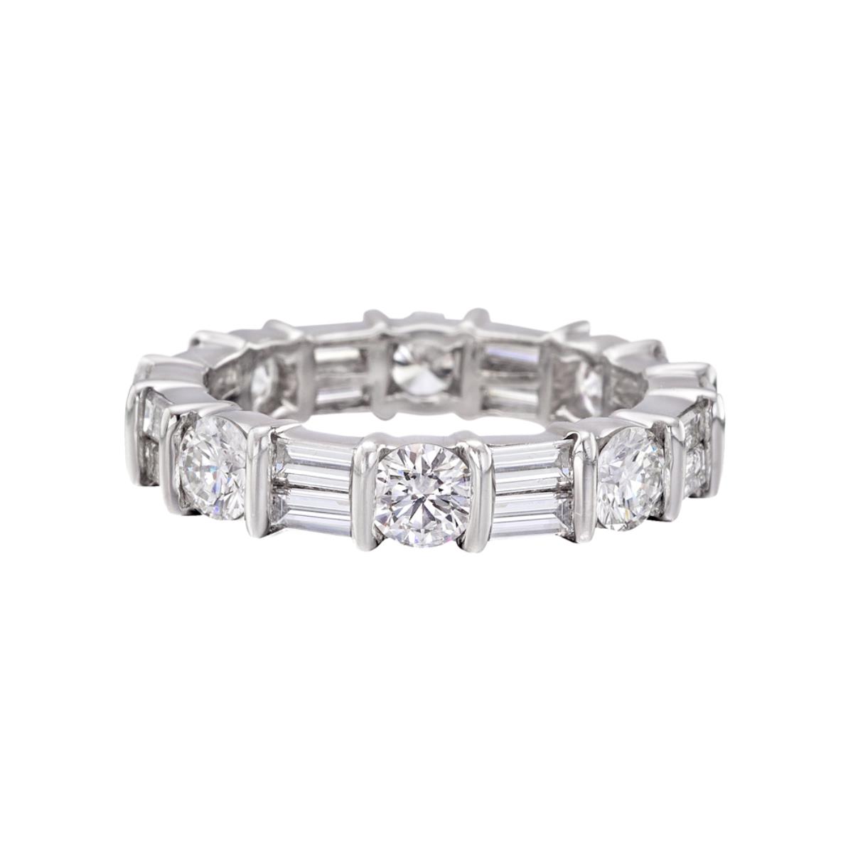 Sterling Silver Rhodium Round & Baguette Eternity Band Ring