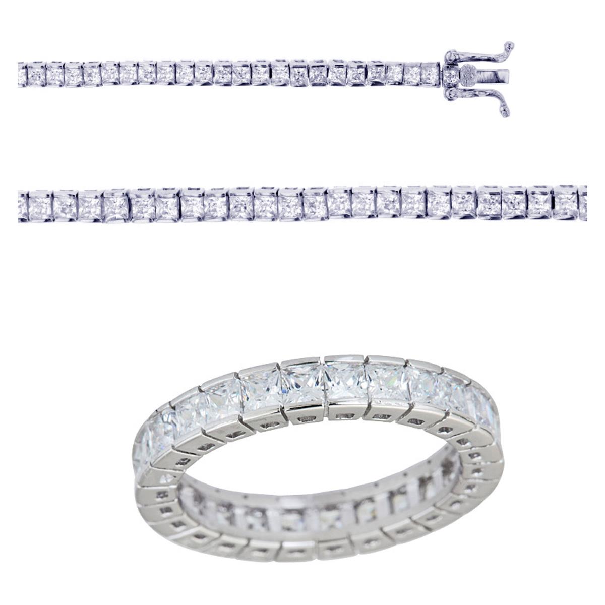 Sterling Silver Princess Cut Rhodium 3.60MM 7" Bracelet & Ring Set