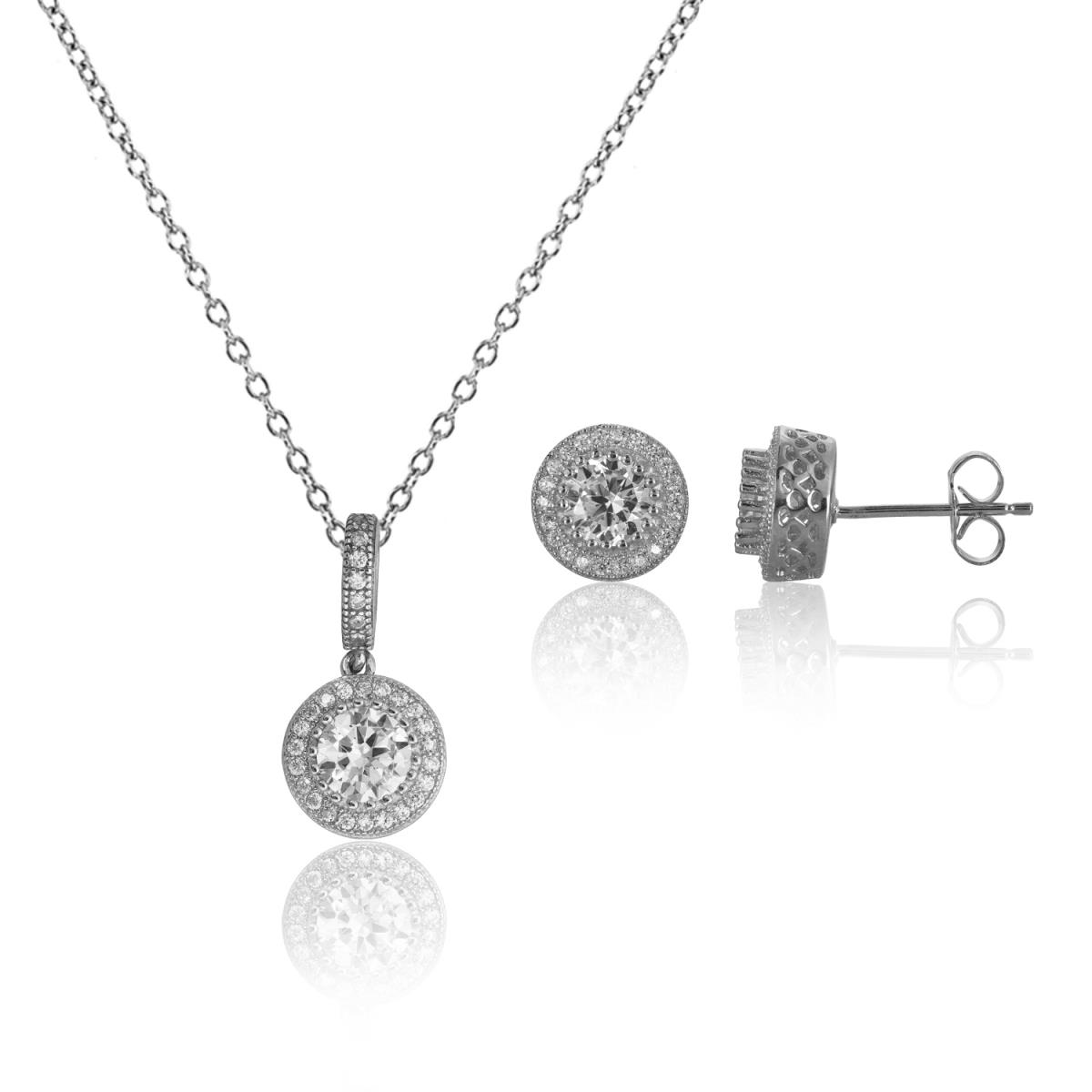 Sterling Silver Rhodium 5.50mm Round Bezel Halo Necklace & Earring Set
