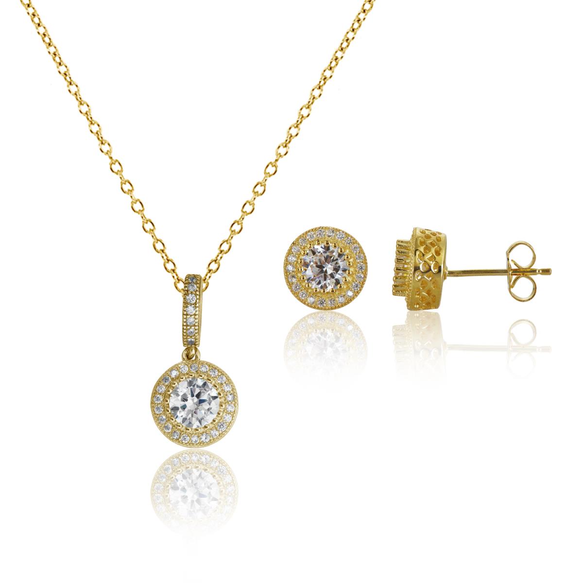 Sterling Silver Yellow 5.50mm Round Bezel Halo Necklace & Earring Set