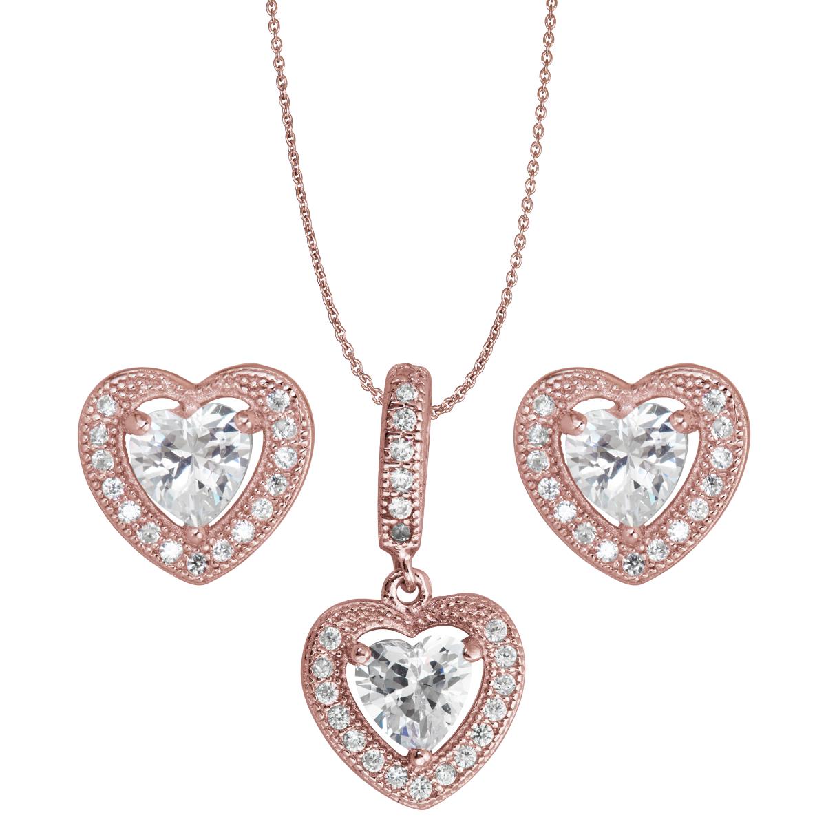 Sterling Silver Rose Heart Halo Necklace & Earring Set