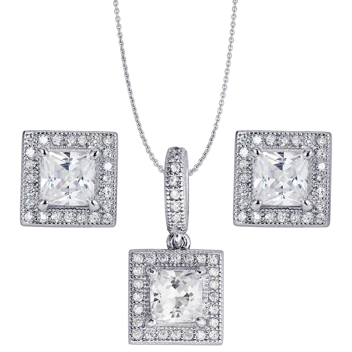 Sterling Silver Rhodium Princess Cut Halo 18" Necklace & Earring Set