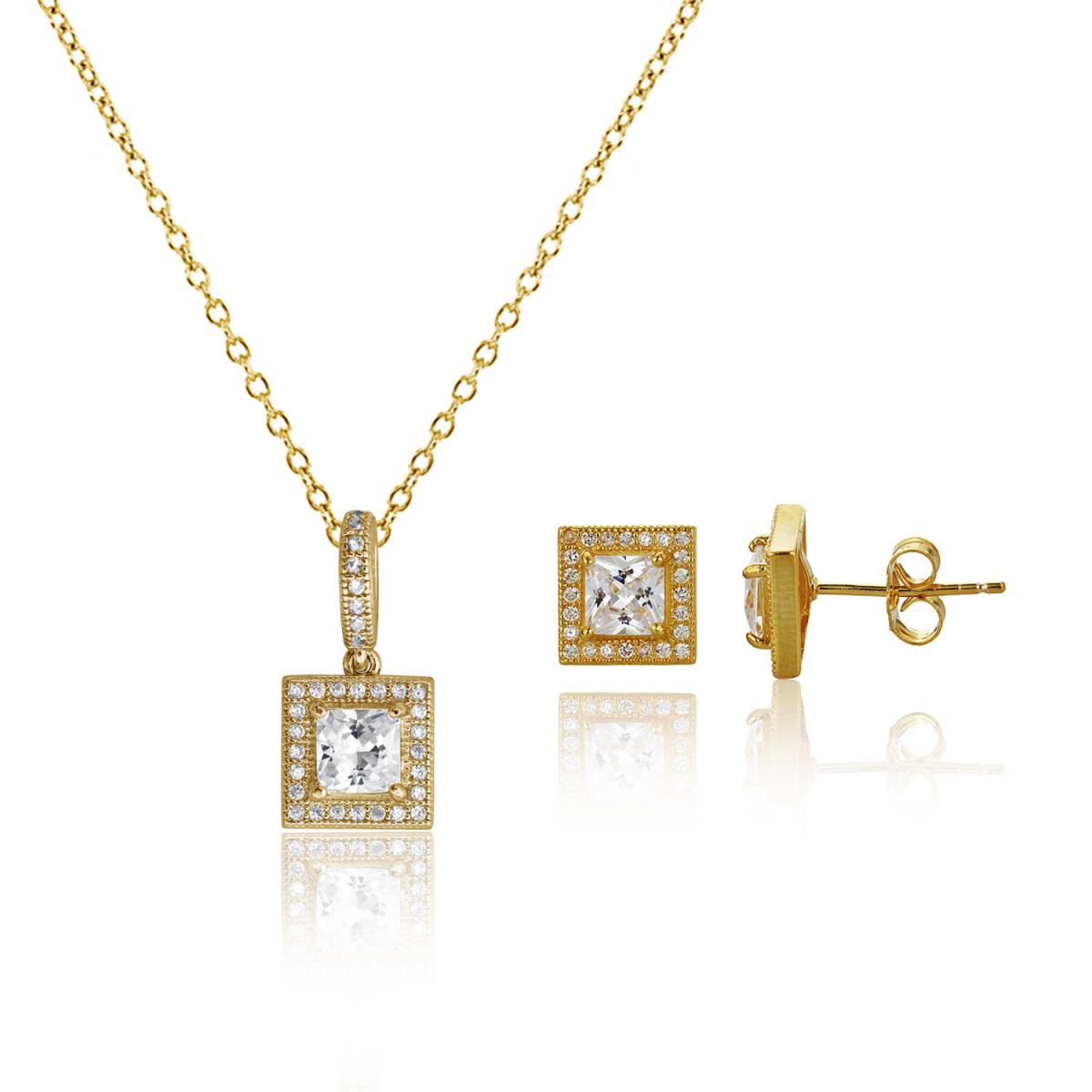 Sterling Silver Yellow Princess Cut Halo Necklace & Earring Set